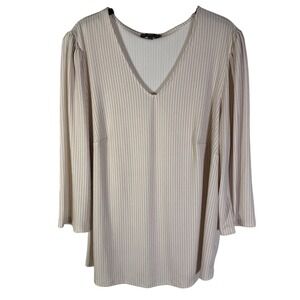 Adrianna Papell Womens 1X Pinstripe V-Neck 3/4 Sleeve Blouse Tan Black